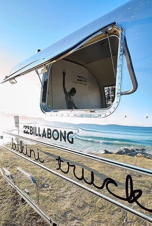 Close up of the Airstream wrapped as the Billabong Bikini Truck